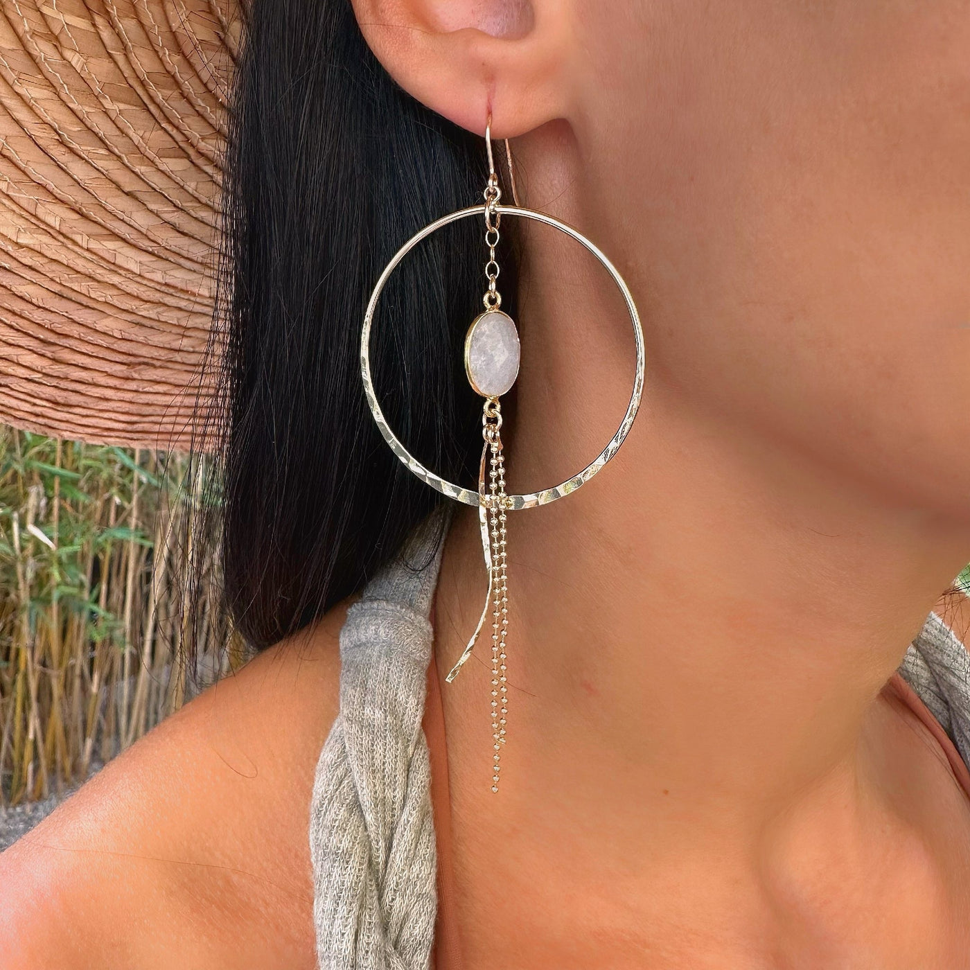 Rainbow Moonstone Large Gold Hoop Dangle Earrings