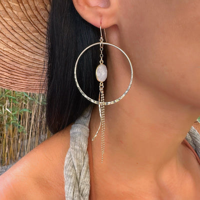 Rainbow Moonstone Large Gold Hoop Dangle Earrings