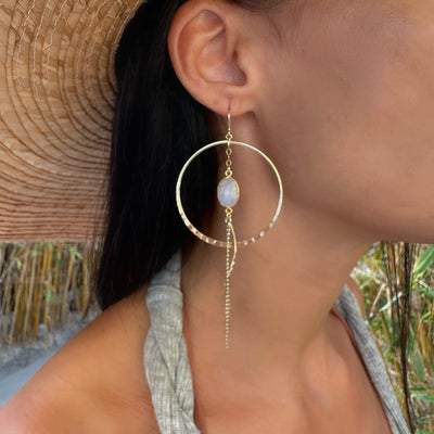 Rainbow Moonstone Large Gold Hoop Dangle Earrings