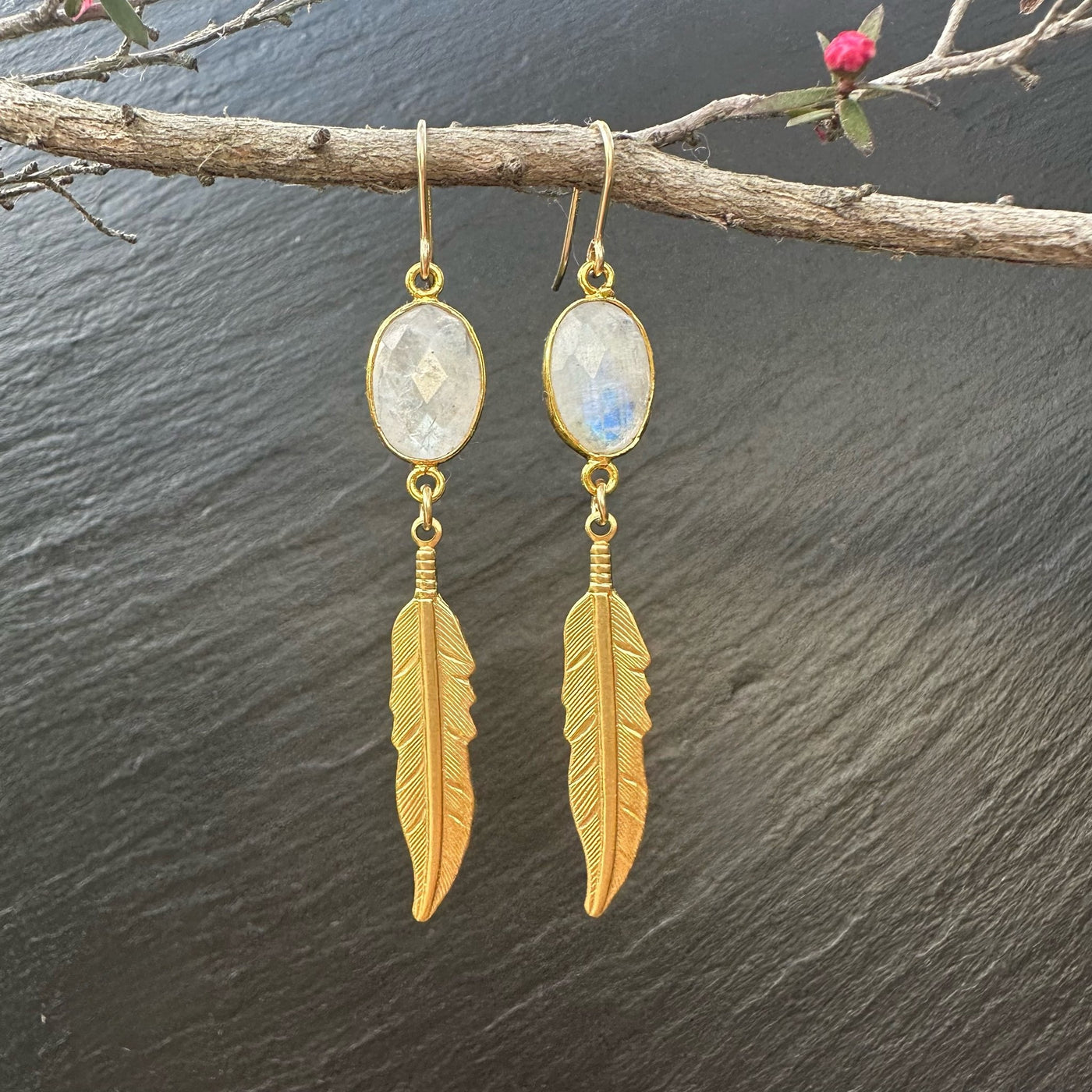 Rainbow Moonstone Gold Drop Feather Earrings