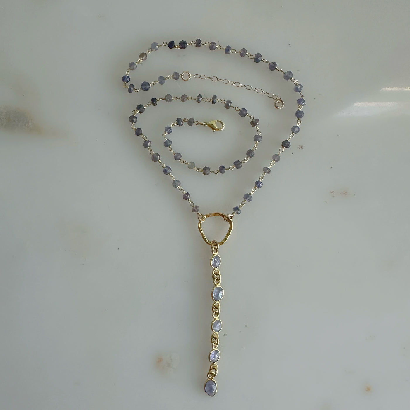 Tanzanite Gold Lariat Necklace: Beaded Chain Y Necklace