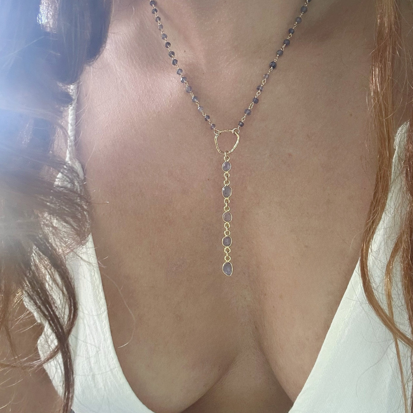 Tanzanite Gold Lariat Necklace: Beaded Chain Y Necklace