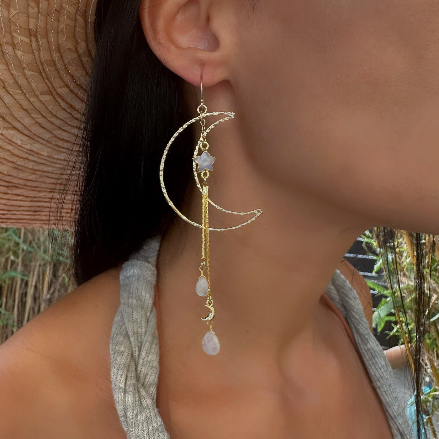 Large Gold Crescent Moon Moonstone Dangle Earrings