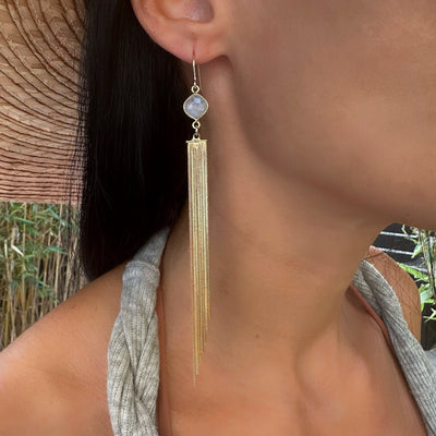 Moonstone Gold Drop Waterfall Tassel Earrings