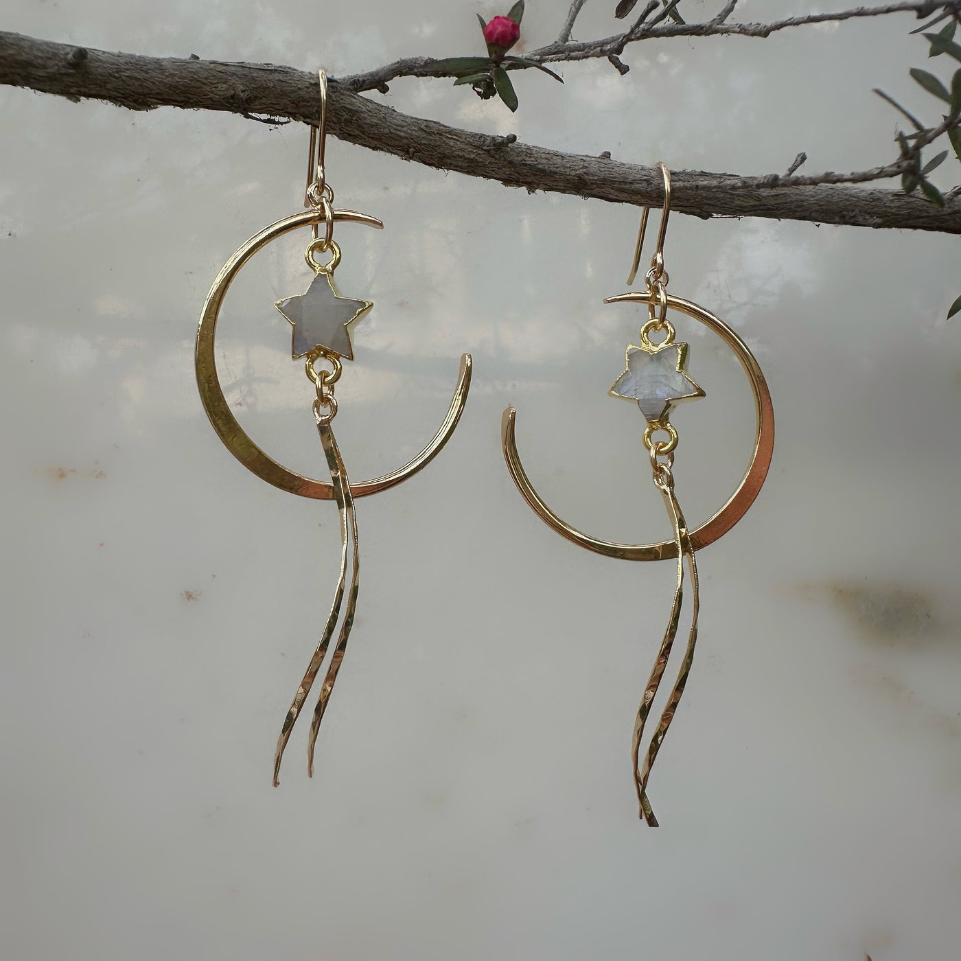 Gold Crescent Moon Moonstone Star Dangle Earrings