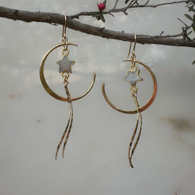 Gold Crescent Moon Moonstone Star Dangle Earrings