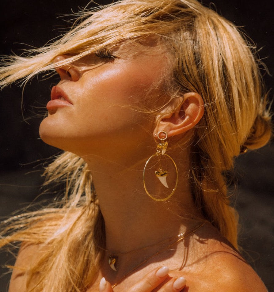 Shark Tooth Gold Hoop Dangle Earrings