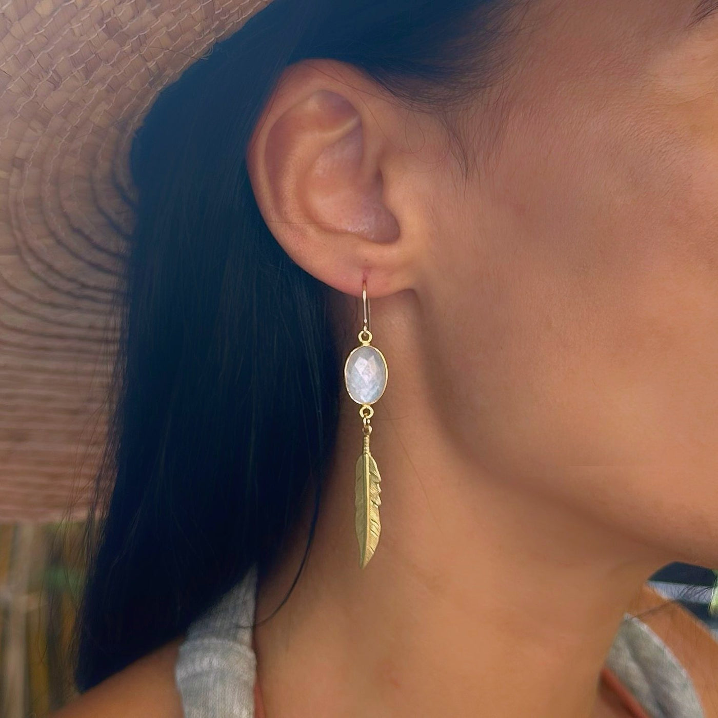 Rainbow Moonstone Gold Drop Feather Earrings