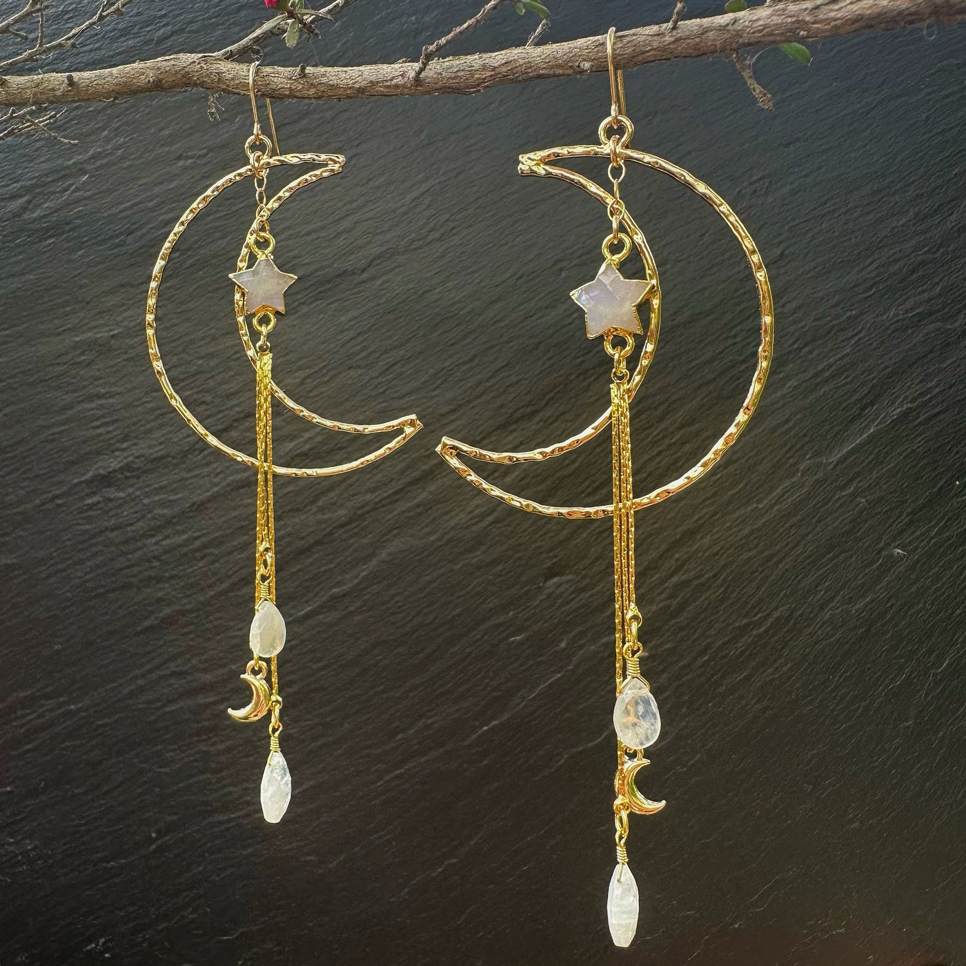 Large Gold Crescent Moon Moonstone Dangle Earrings