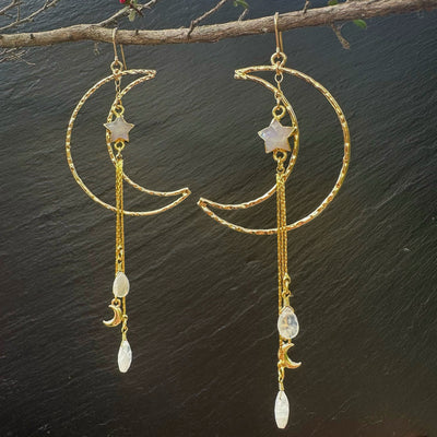 Large Gold Crescent Moon Moonstone Dangle Earrings