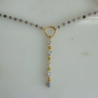 Tanzanite Gold Lariat Necklace: Beaded Chain Y Necklace