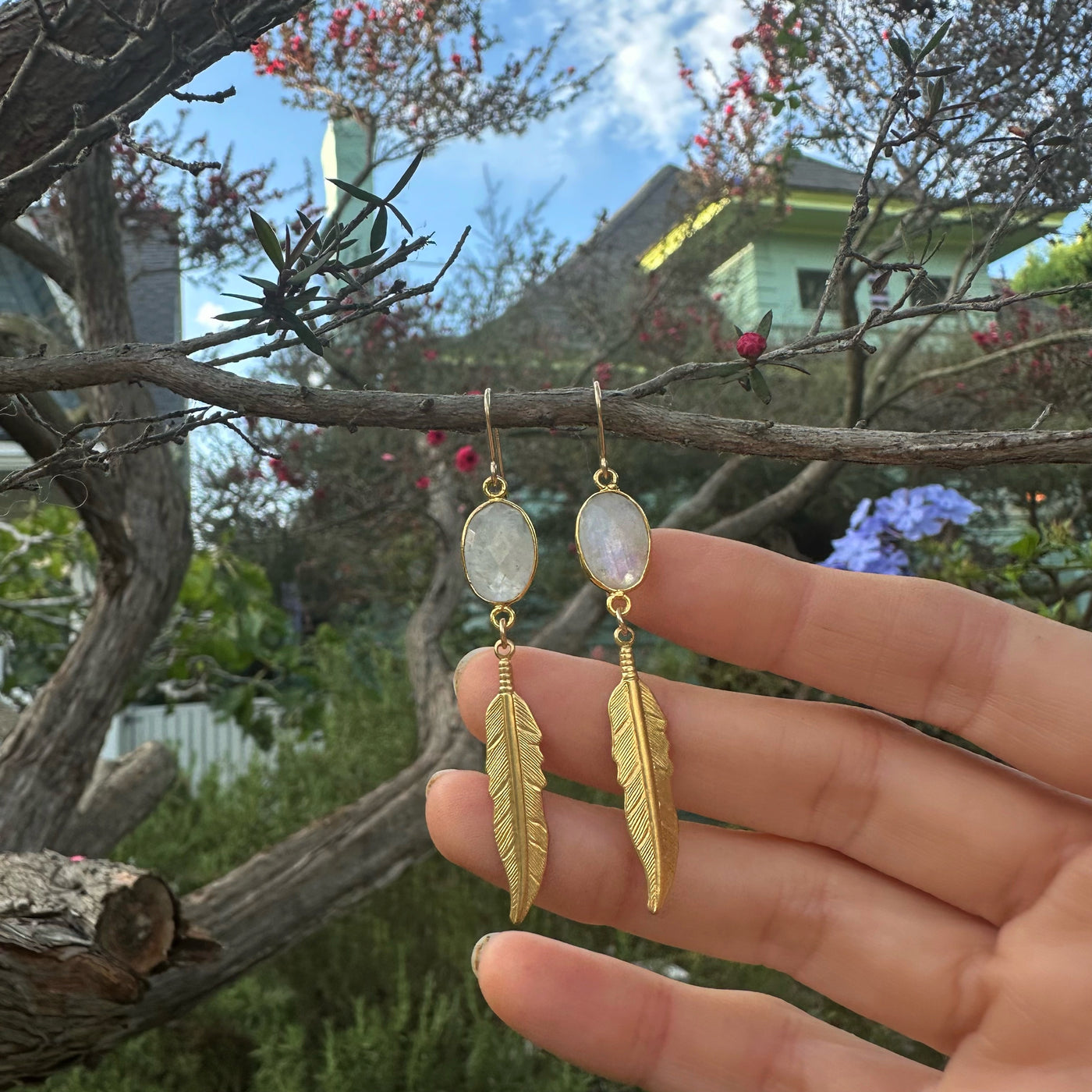 Rainbow Moonstone Gold Drop Feather Earrings