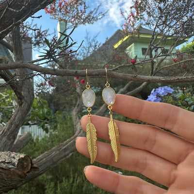 Rainbow Moonstone Gold Drop Feather Earrings