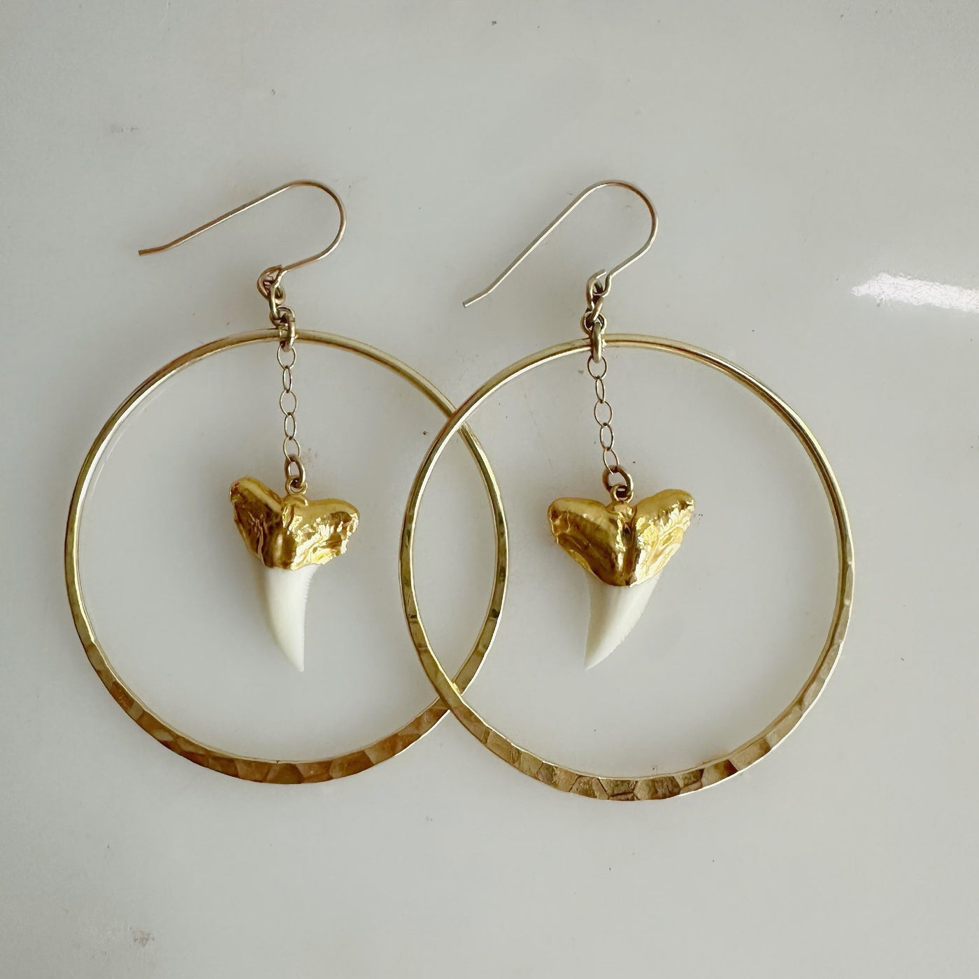 Shark Tooth Gold Hoop Dangle Earrings