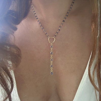 Tanzanite Gold Lariat Necklace: Beaded Chain Y Necklace