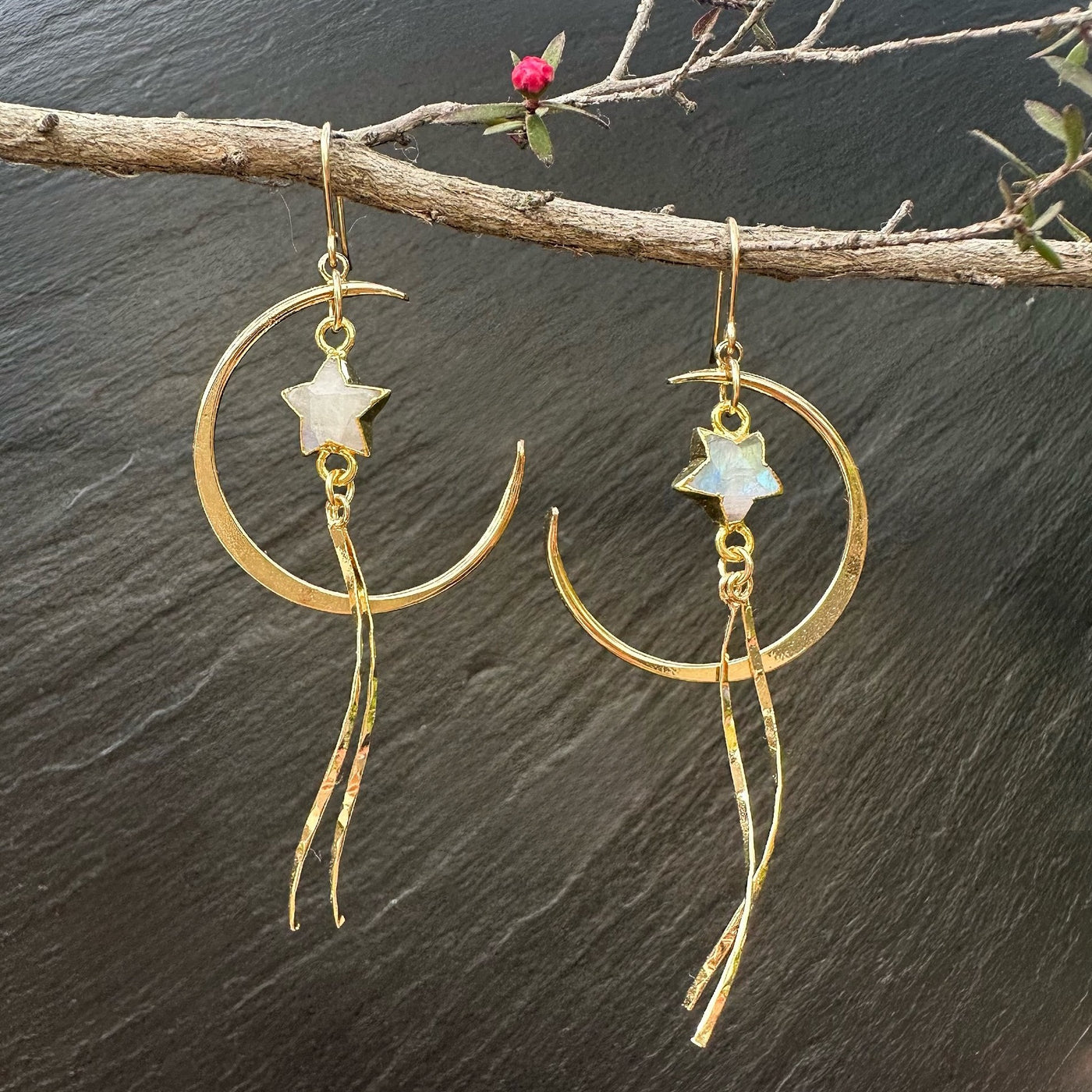 Gold Crescent Moon Moonstone Star Dangle Earrings