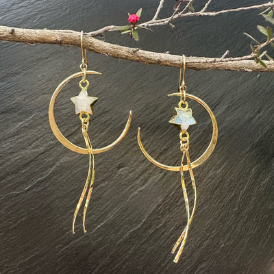 Gold Crescent Moon Moonstone Star Dangle Earrings