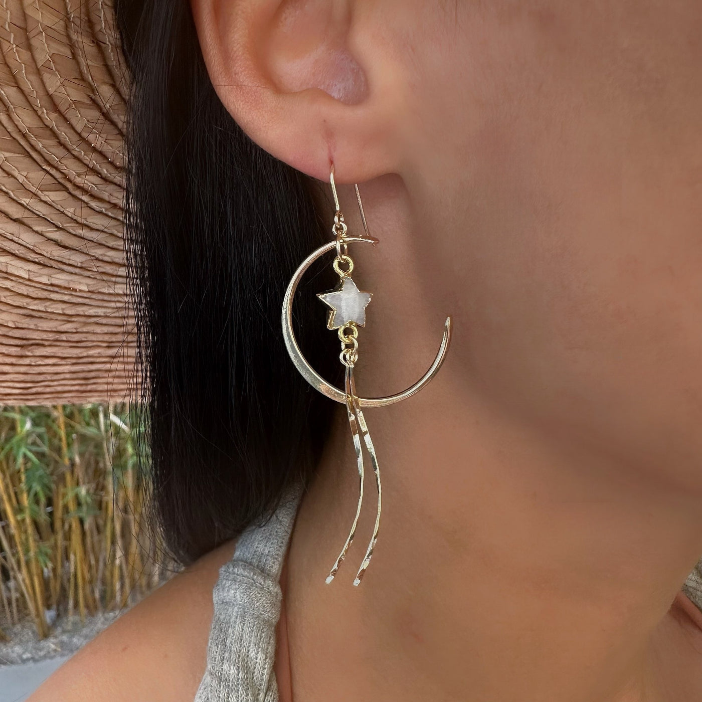 Gold Crescent Moon Moonstone Star Dangle Earrings