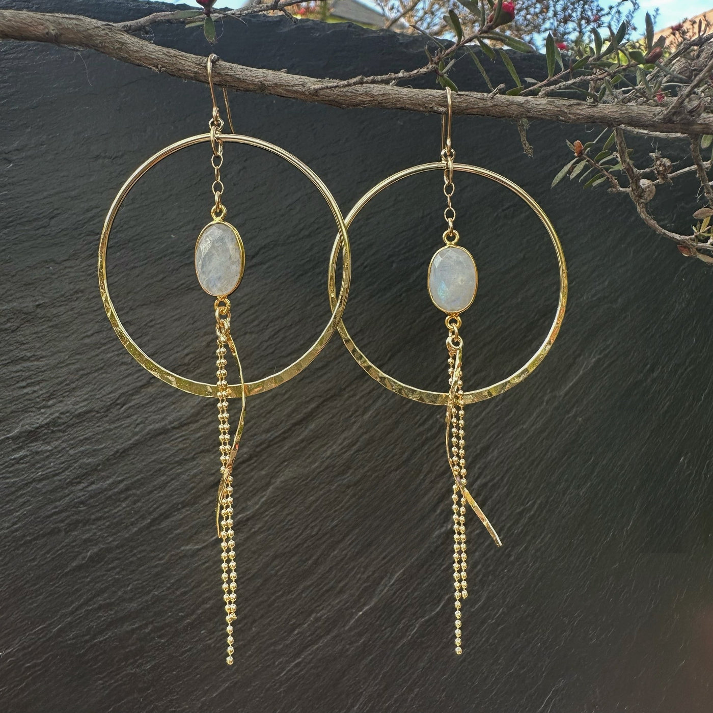 Rainbow Moonstone Large Gold Hoop Dangle Earrings