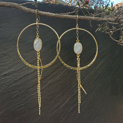 Rainbow Moonstone Large Gold Hoop Dangle Earrings