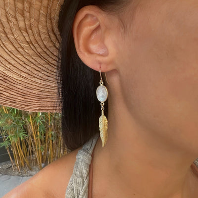 Rainbow Moonstone Gold Drop Feather Earrings
