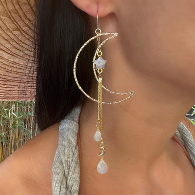 Large Gold Crescent Moon Moonstone Dangle Earrings