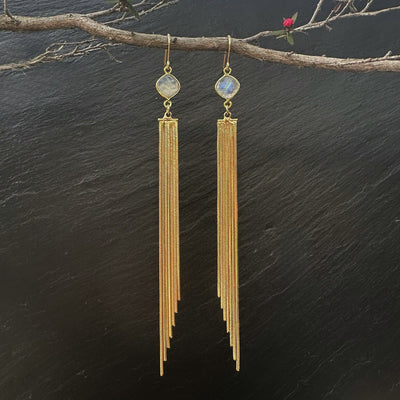 Moonstone Gold Drop Waterfall Tassel Earrings