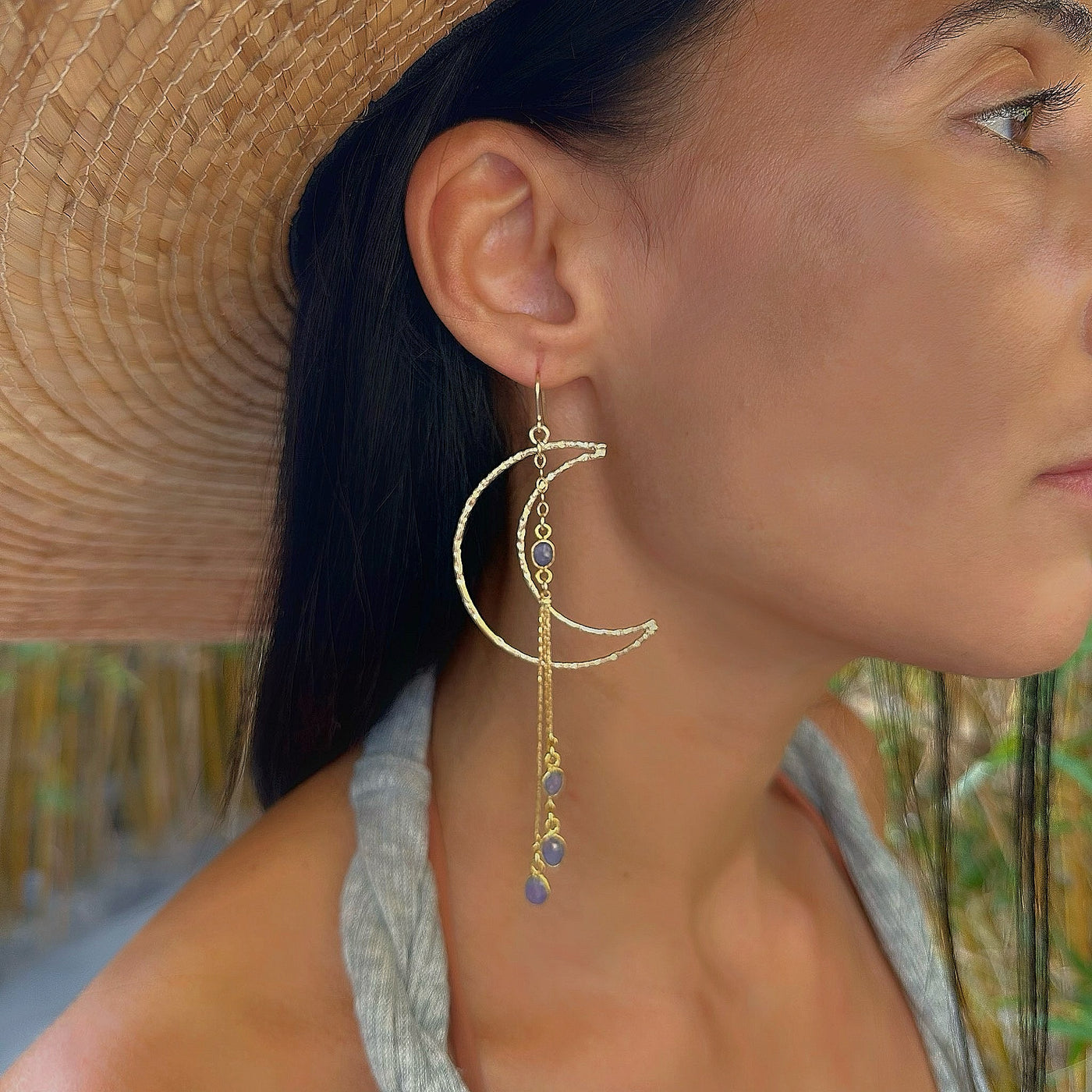 Gold Crescent Moon Tanzanite Dangle Earrings