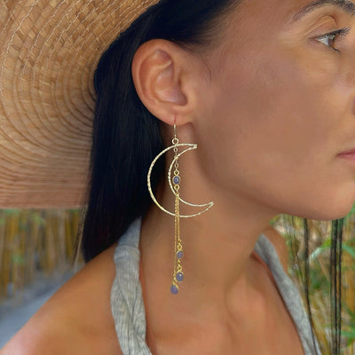 Gold Crescent Moon Tanzanite Dangle Earrings
