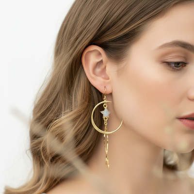 Gold Crescent Moon Moonstone Star Dangle Earrings