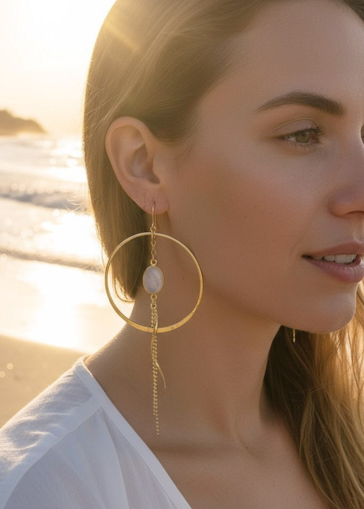 Rainbow Moonstone Large Gold Hoop Dangle Earrings