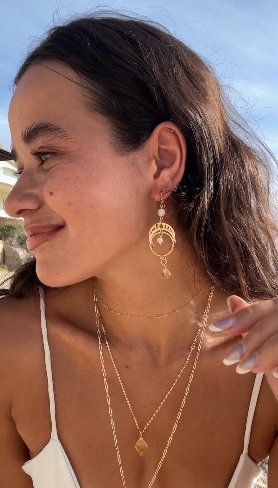 Citrine and Selenite Gold Dangle Earrings