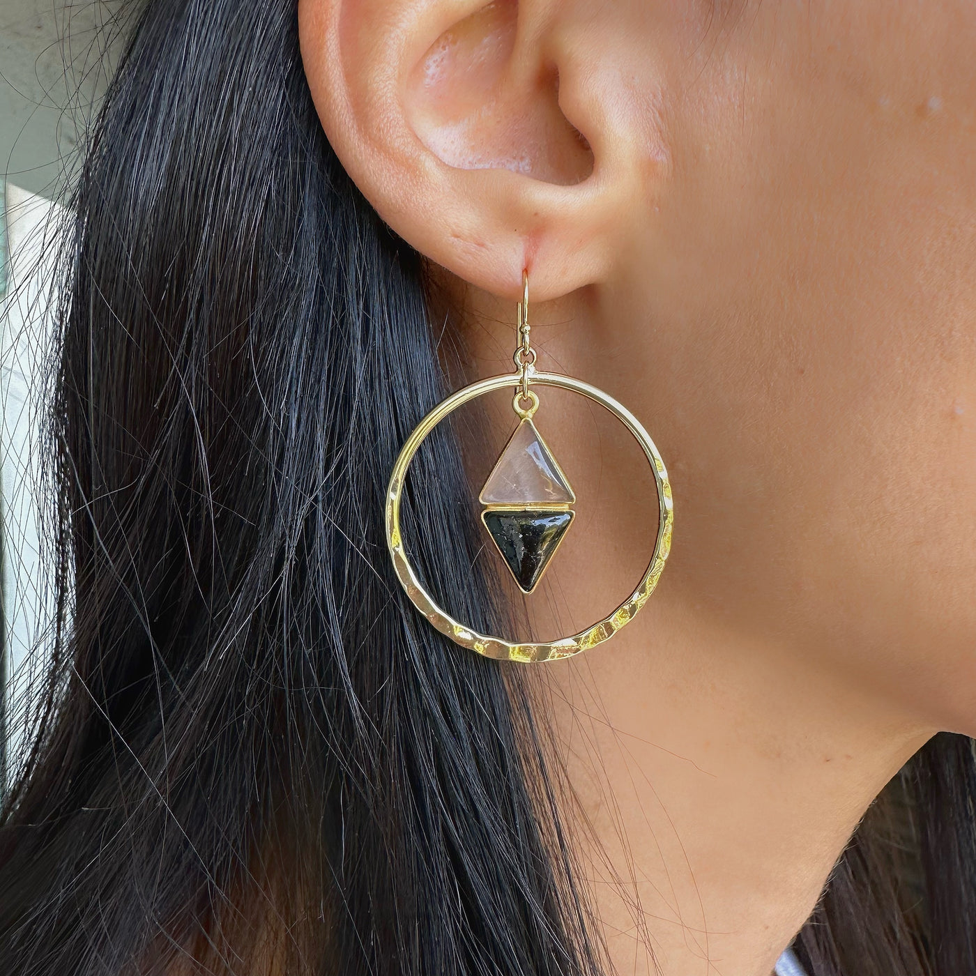 Black Tourmaline and Rose Quartz Dangle Hoop Earrings