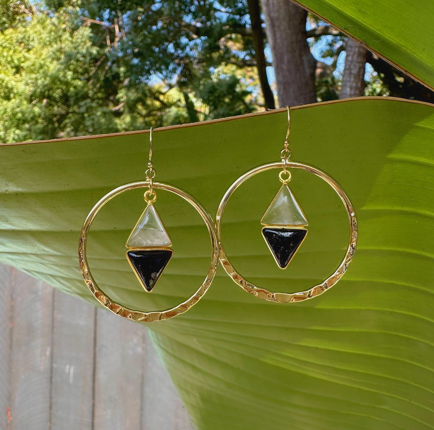 Black Tourmaline and Rose Quartz Dangle Hoop Earrings