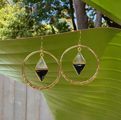 Black Tourmaline and Rose Quartz Dangle Hoop Earrings