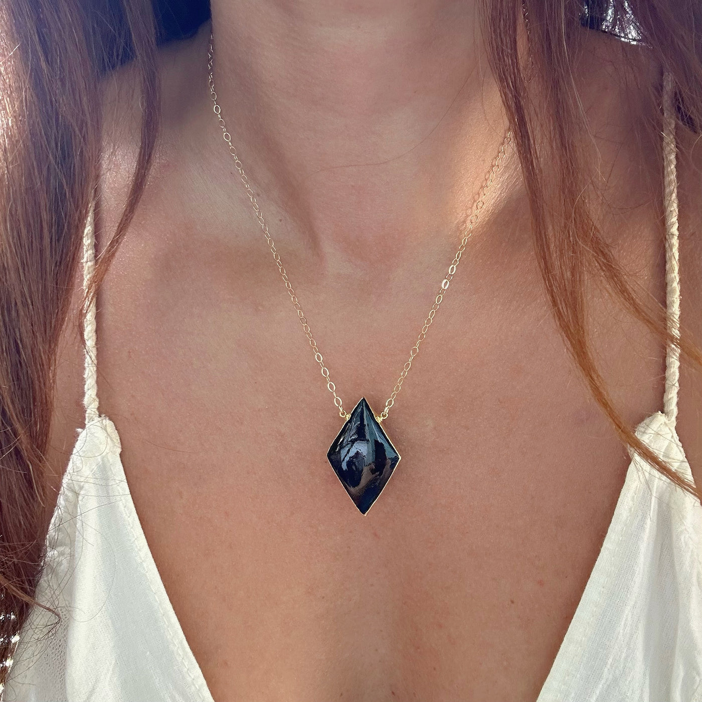 Black Tourmaline Large Diamond Shape Necklace