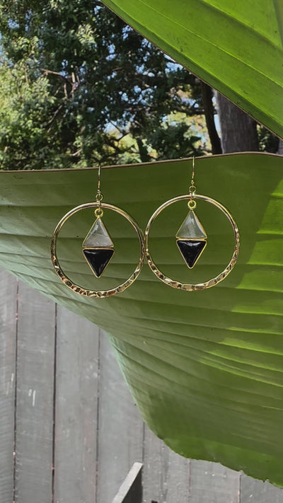 Black Tourmaline and Rose Quartz Dangle Hoop Earrings