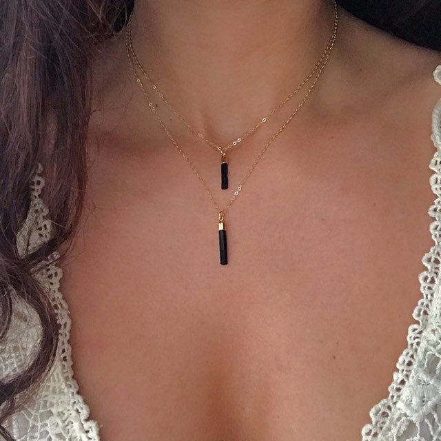 Black Tourmaline Gold Bar Necklace