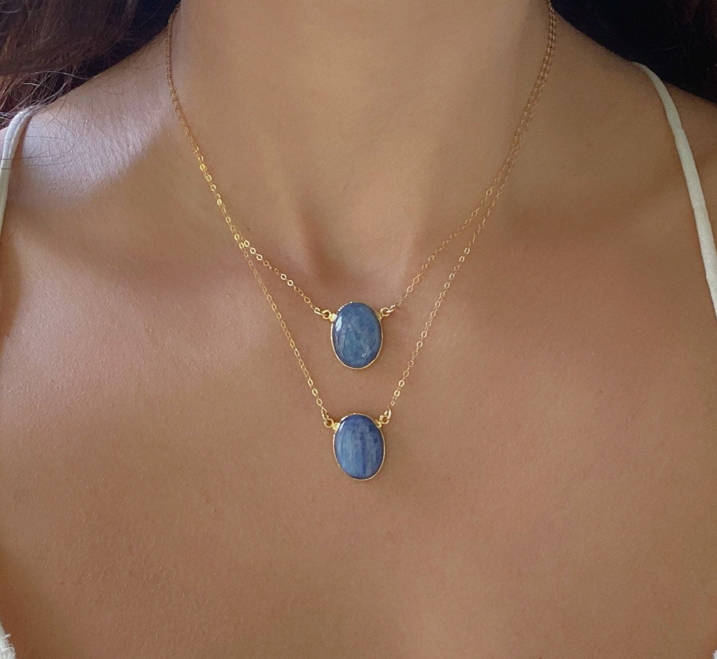 Blue Kyanite Gold Oval Necklace