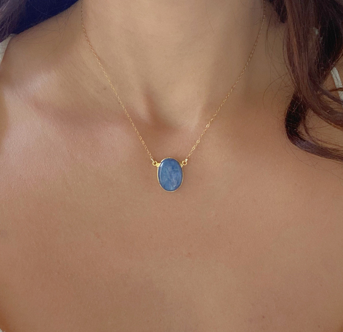 Blue Kyanite Gold Oval Necklace