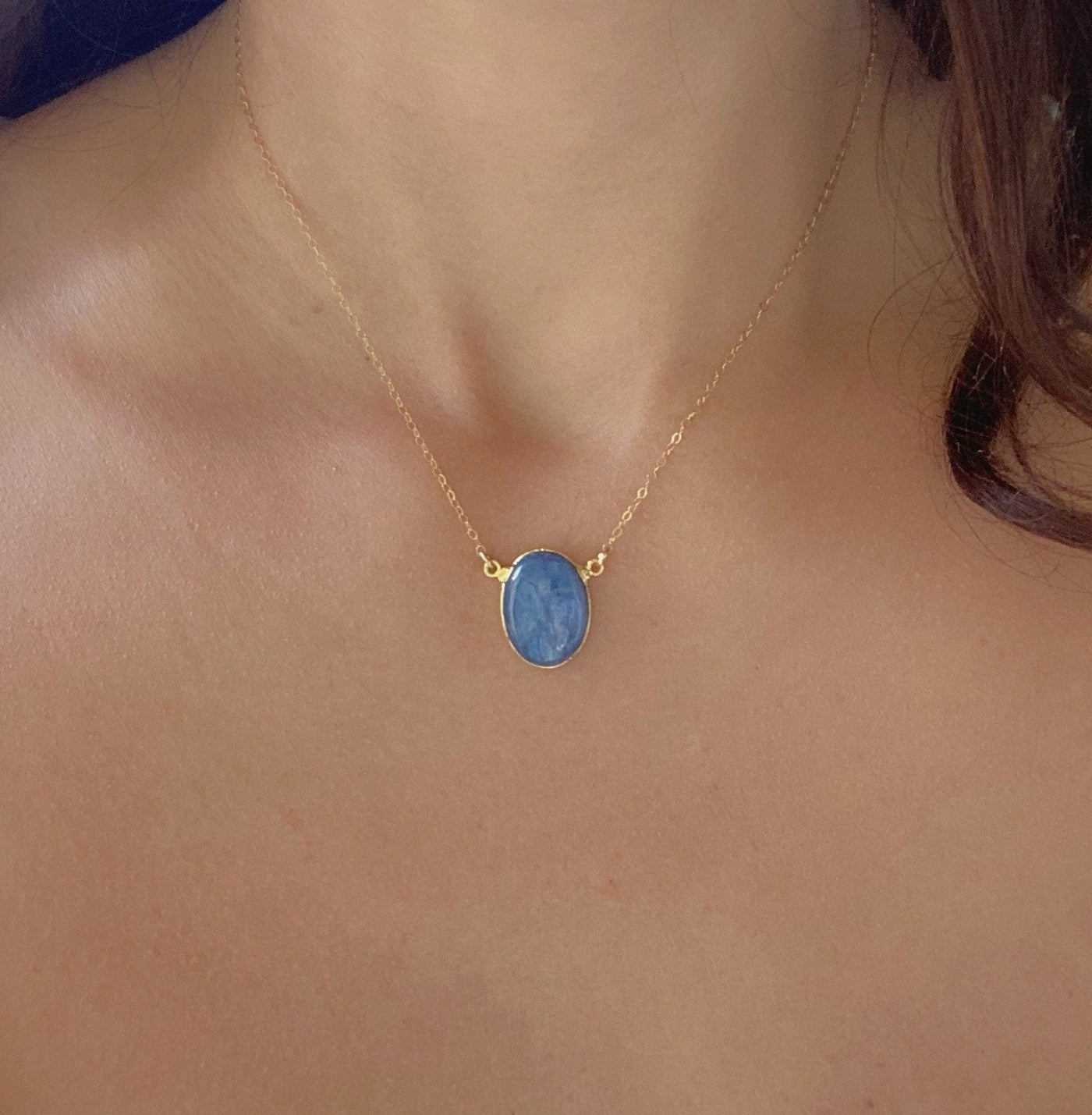 Blue Kyanite Gold Oval Necklace