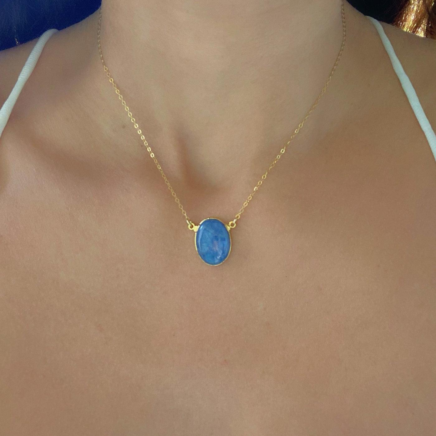 Blue Kyanite Gold Oval Necklace