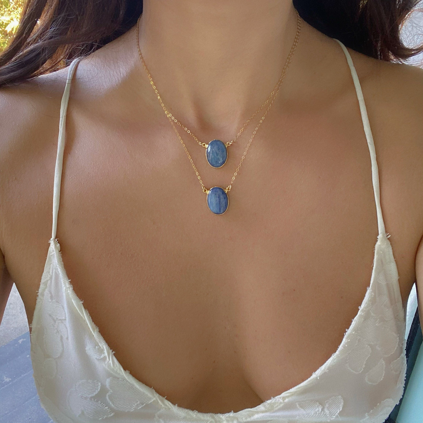 Blue Kyanite Gold Oval Necklace