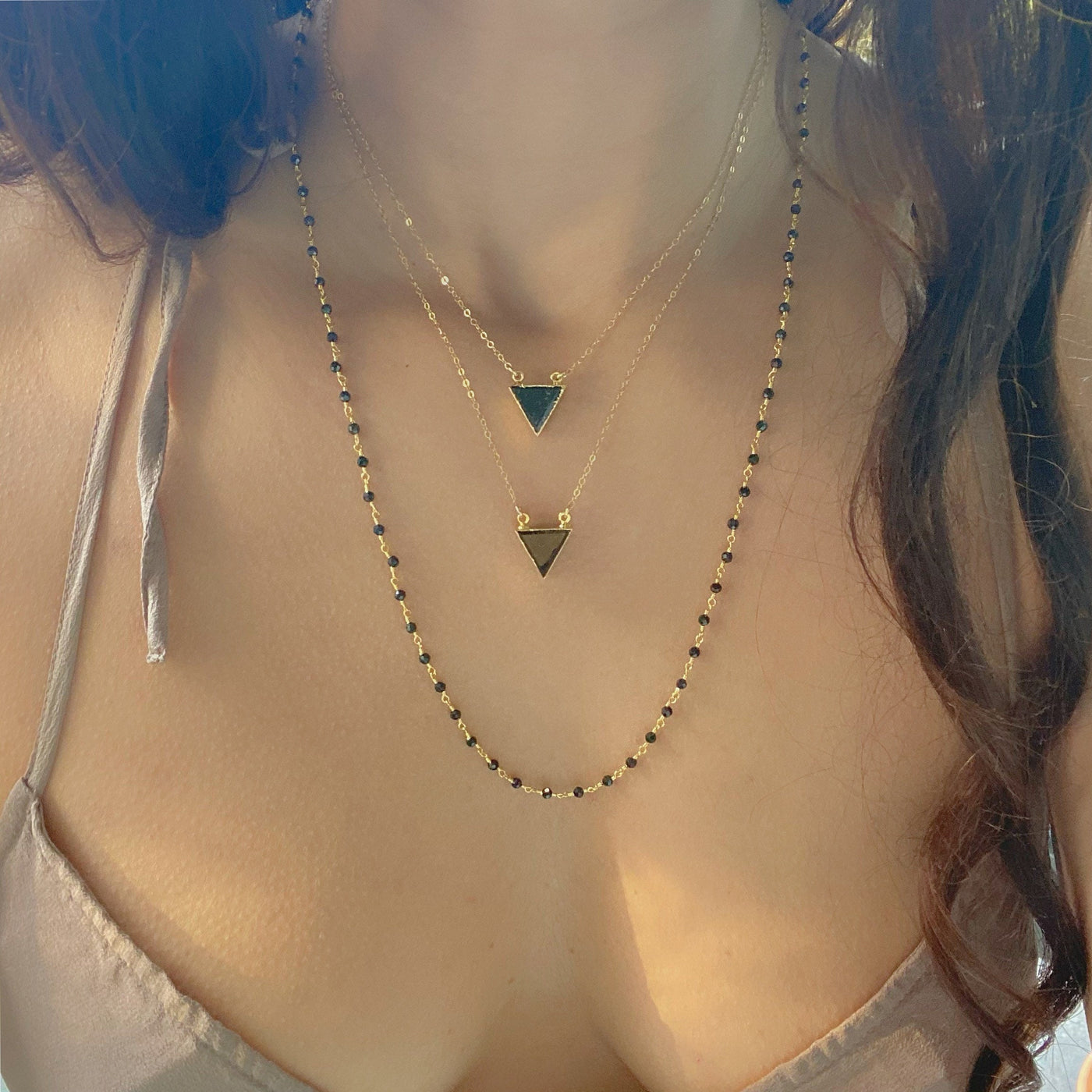 Black Tourmaline Gold Triangle Necklace