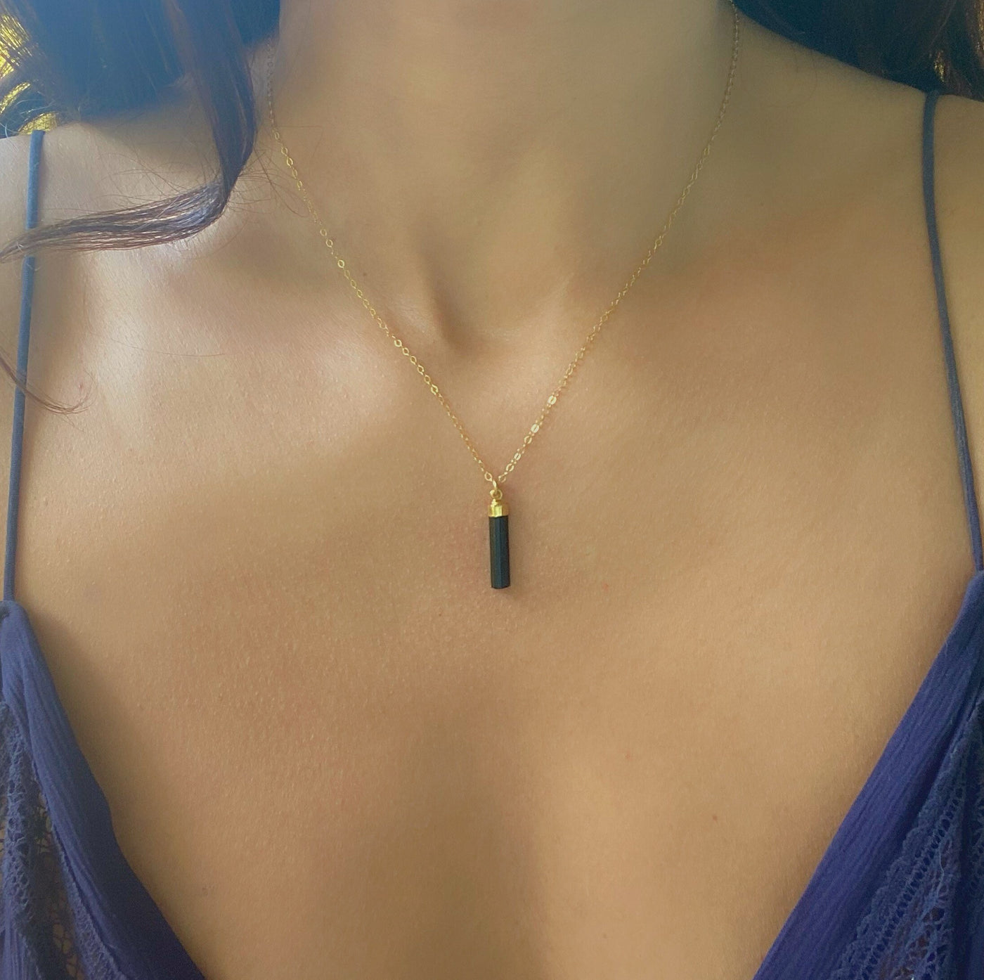 Black Tourmaline Gold Bar Necklace