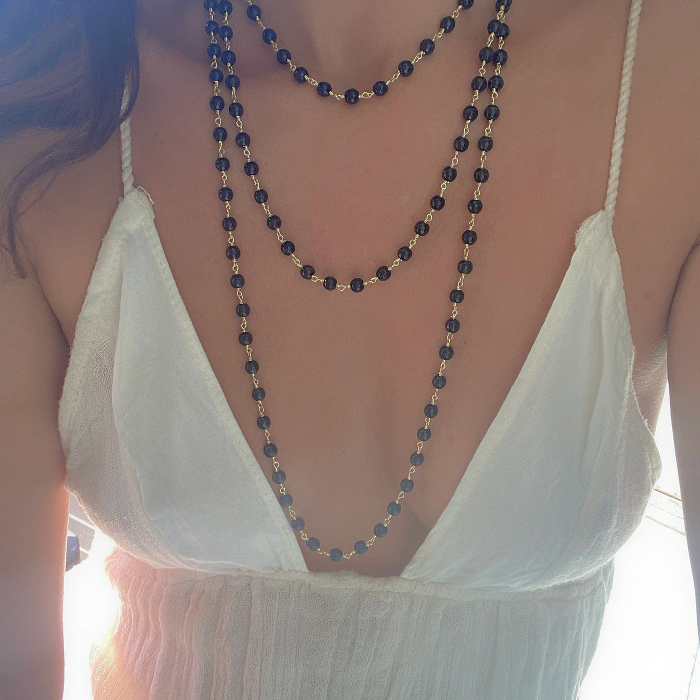 Black Onyx Gold Beaded Chain Necklace