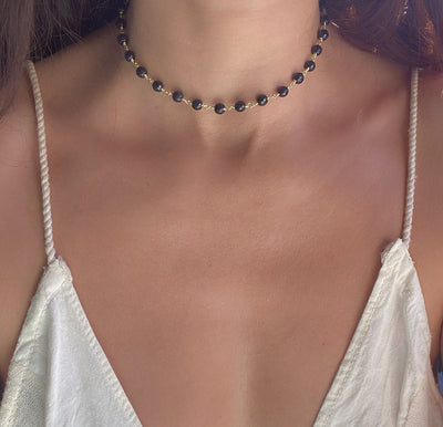 Black Onyx Gold Beaded Chain Necklace