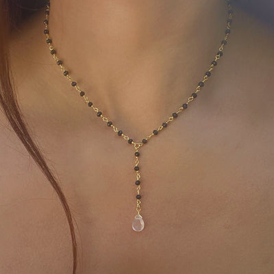 Black Onyx and Rose Quartz Lariat Necklace