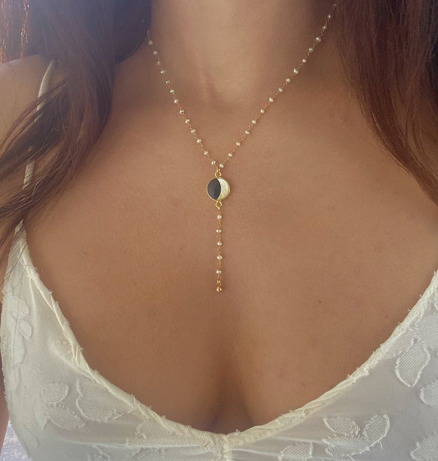 Pearl Moon Phase Lariat Necklace