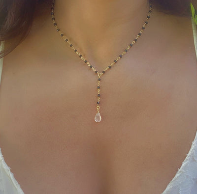 Black Onyx and Rose Quartz Lariat Necklace